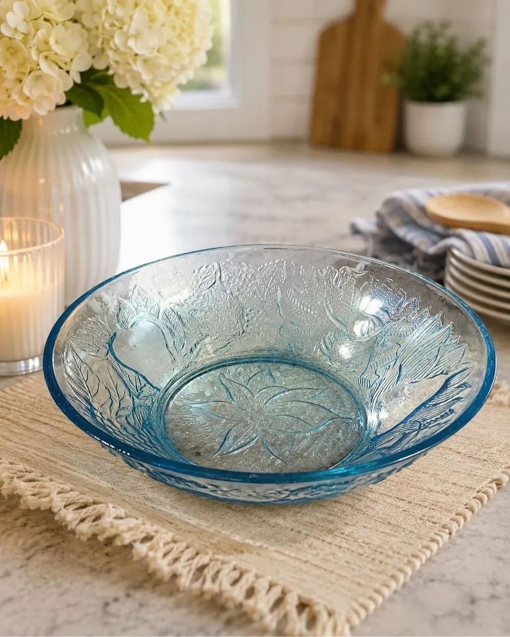 Blue Pressed Glass Serving Bowl Embossed Floral Pattern Decorative Dish vintage